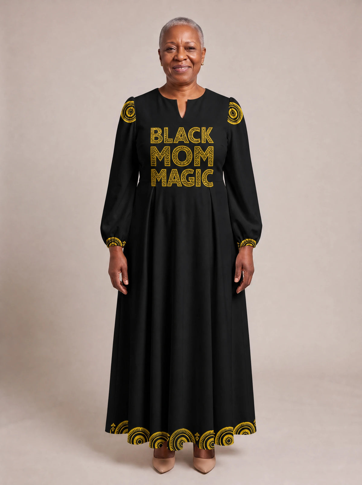 "Mamafo" Puff Sleeve Maxi Dress — standing, angled view on model