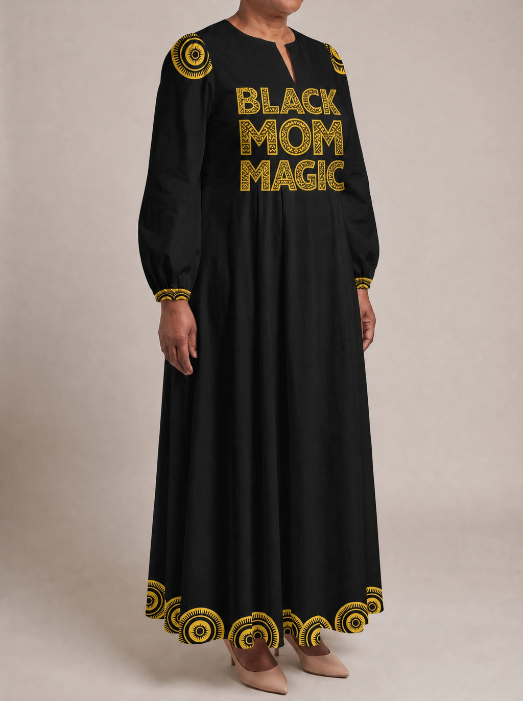 "Mamafo" Puff Sleeve Maxi Dress — three-quarter view on model