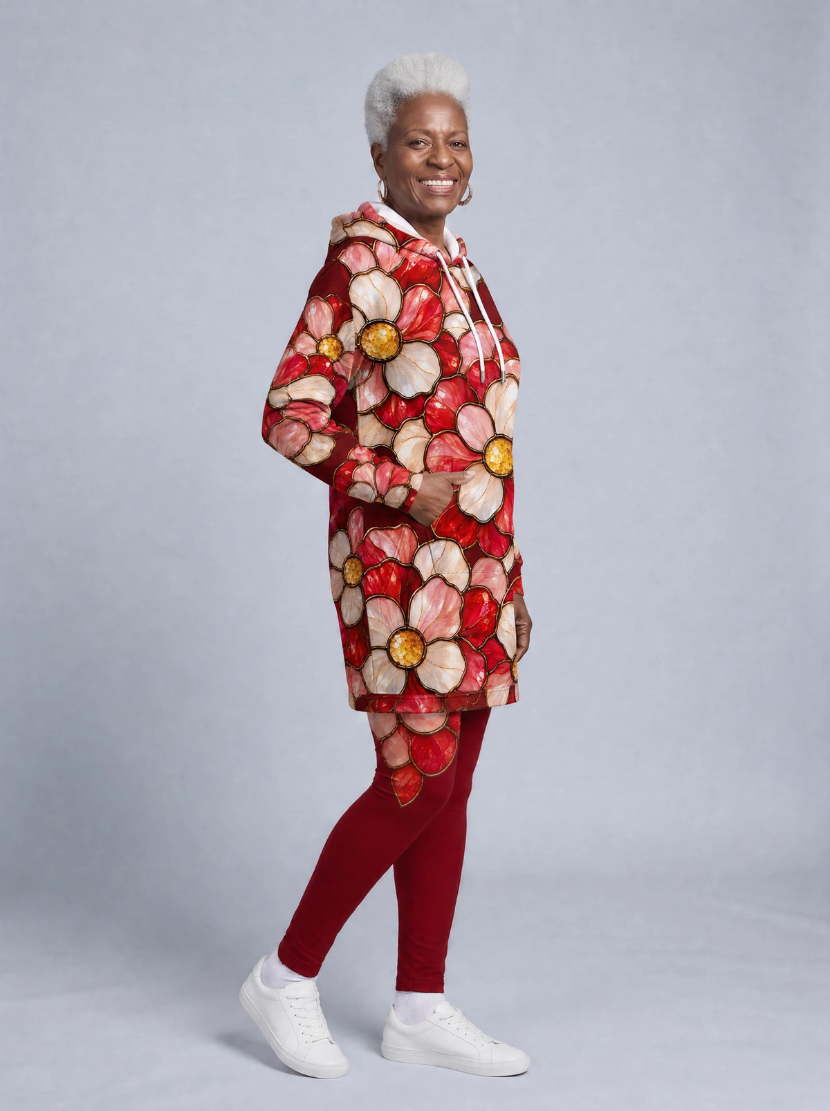 "Mapenzi" Hoodie Dress — three-quarter view on model, styled with the matching leggings
