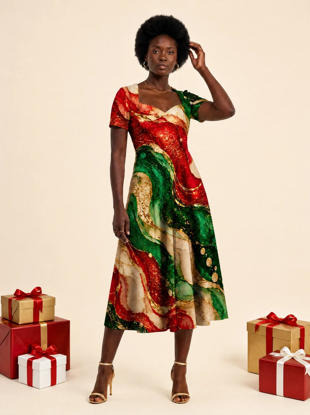 "Marumaru" Sweetheart Midi Dress — on model, Christmas backdrop