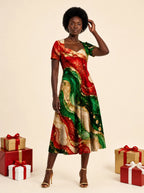 "Marumaru" Sweetheart Midi Dress — on model, Christmas backdrop