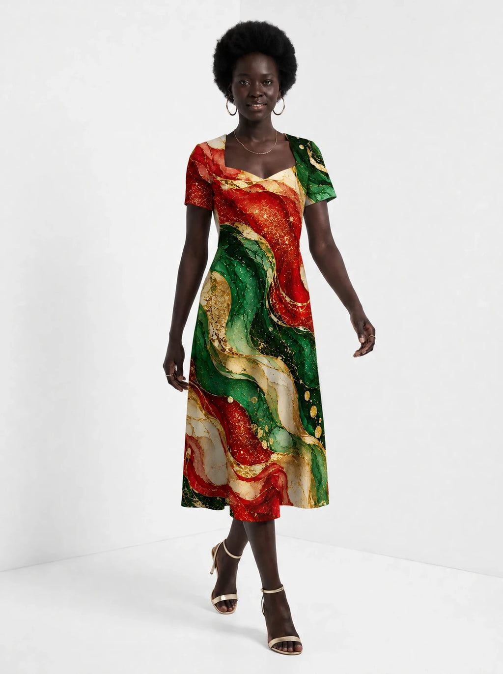 "Marumaru" Sweetheart Midi Dress — front view on model