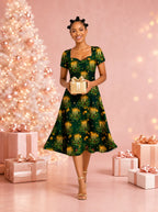 "Matawi" Sweetheart Midi Dress — on model, Christmas backdrop