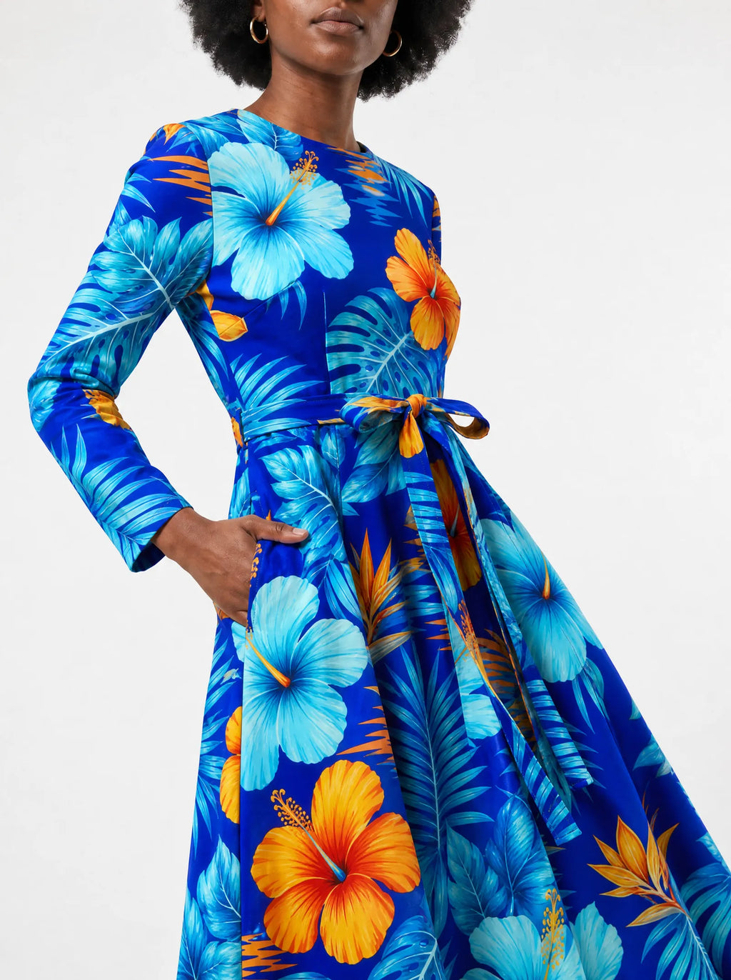 "Maua" Long Sleeve Midaxi Dress — close-up of the tie sash and the in-seam side pocket