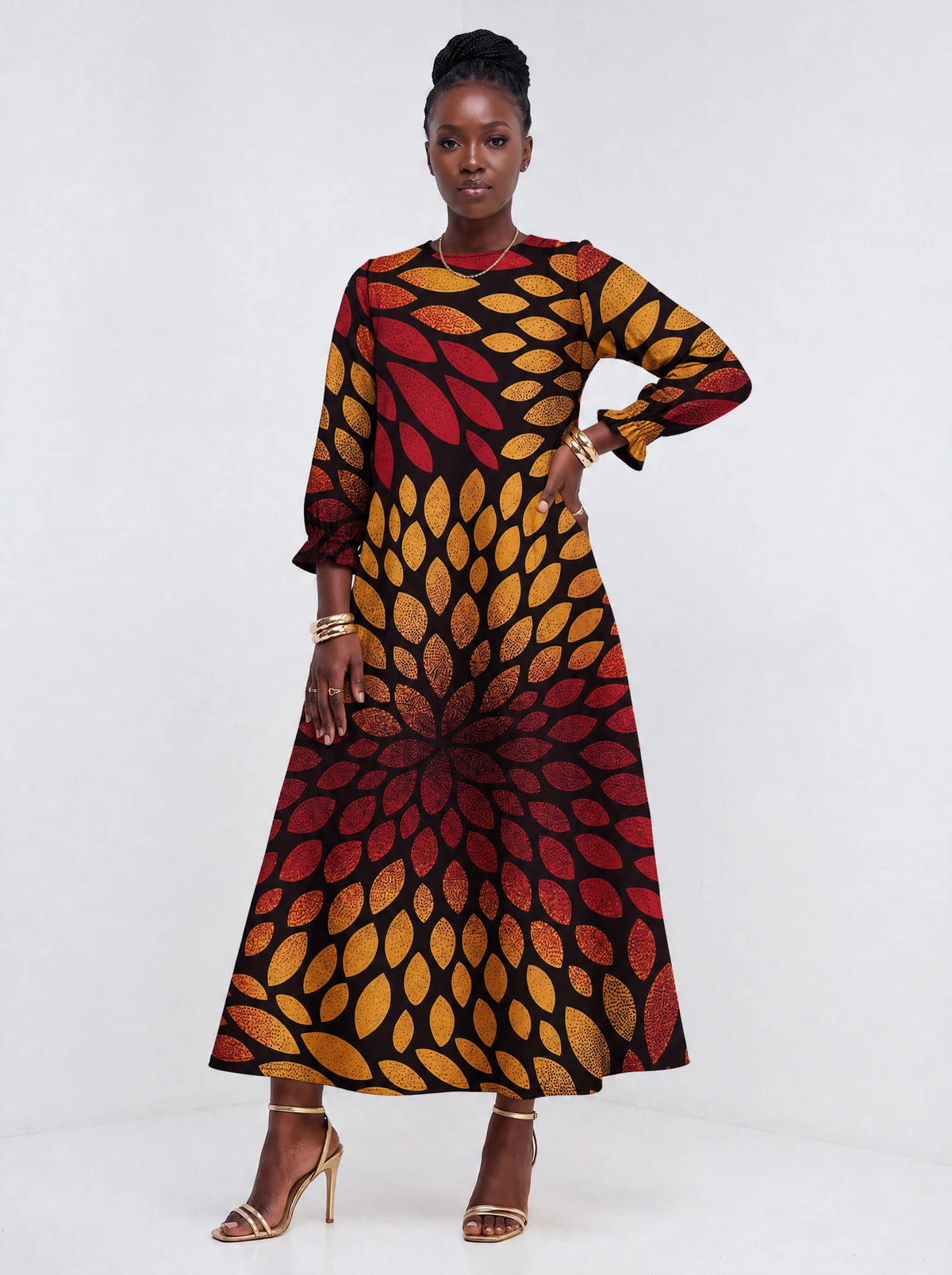 "Mavuno" Long Sleeve Maxi Dress — front view on model