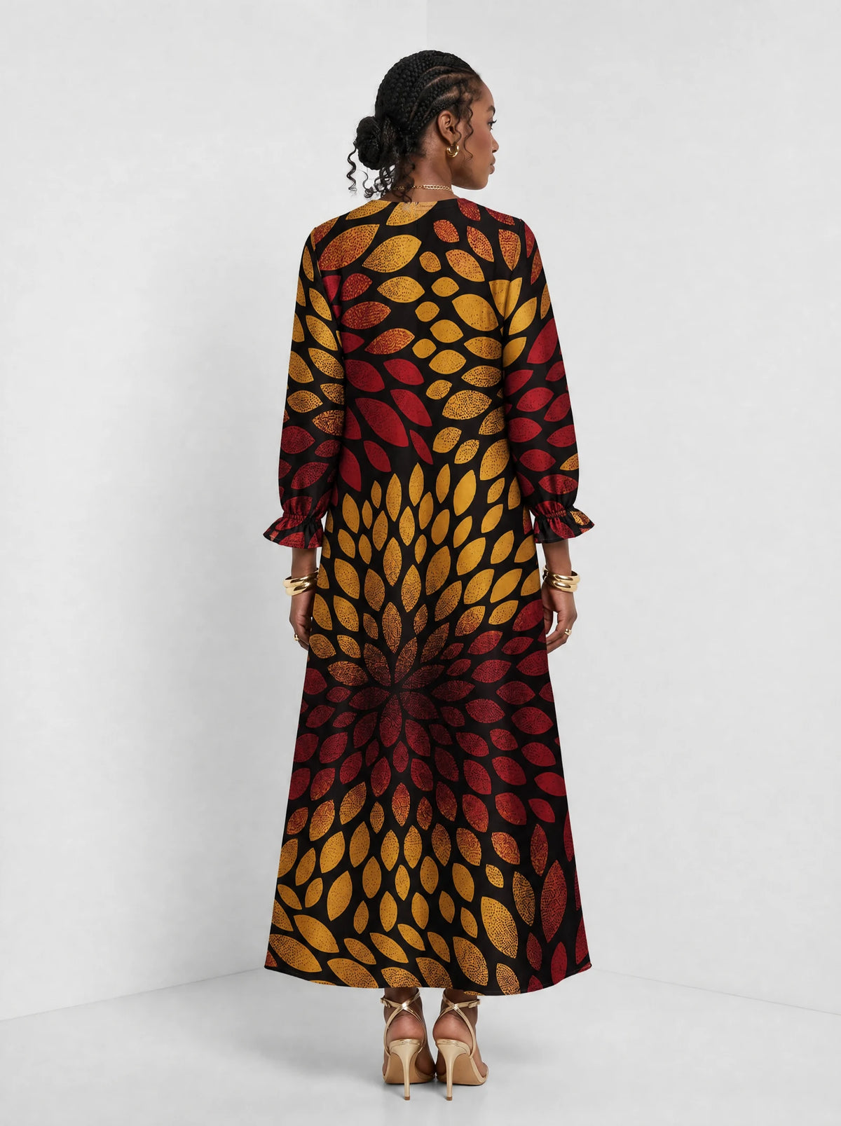 "Mavuno" Long Sleeve Maxi Dress — back view on model