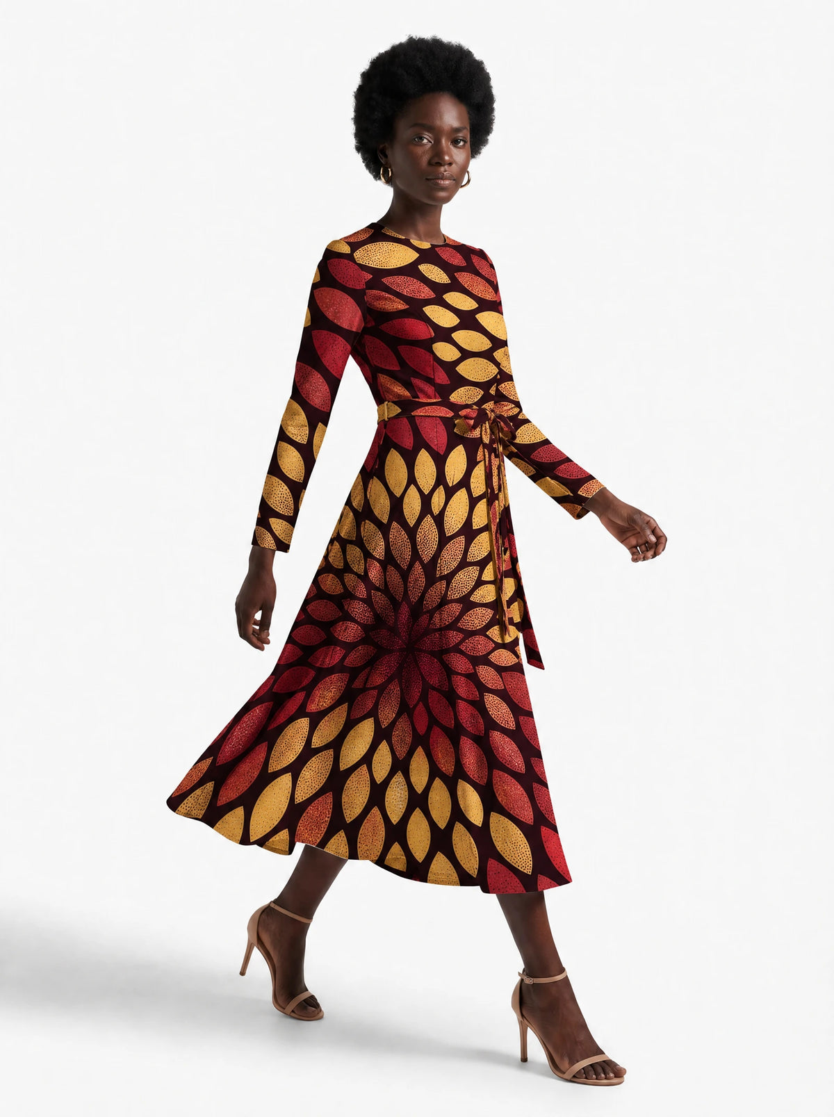 "Mavuno" Long Sleeve Midaxi Dress — three-quarter view on model, hand in the side pocket