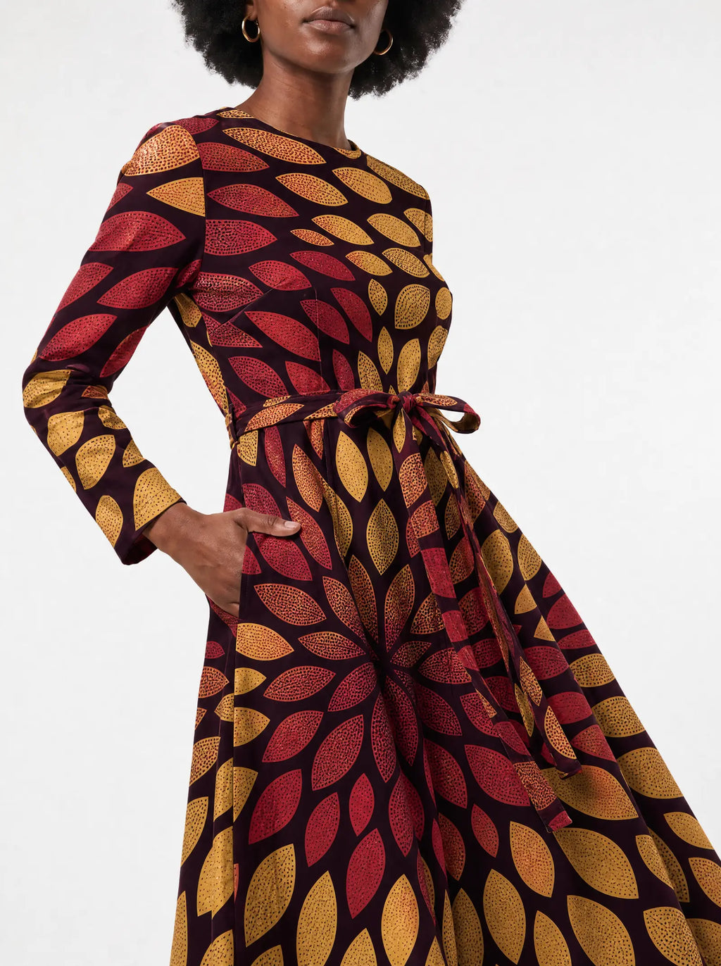 "Mavuno" Long Sleeve Midaxi Dress — close-up of the tie sash and the in-seam side pocket