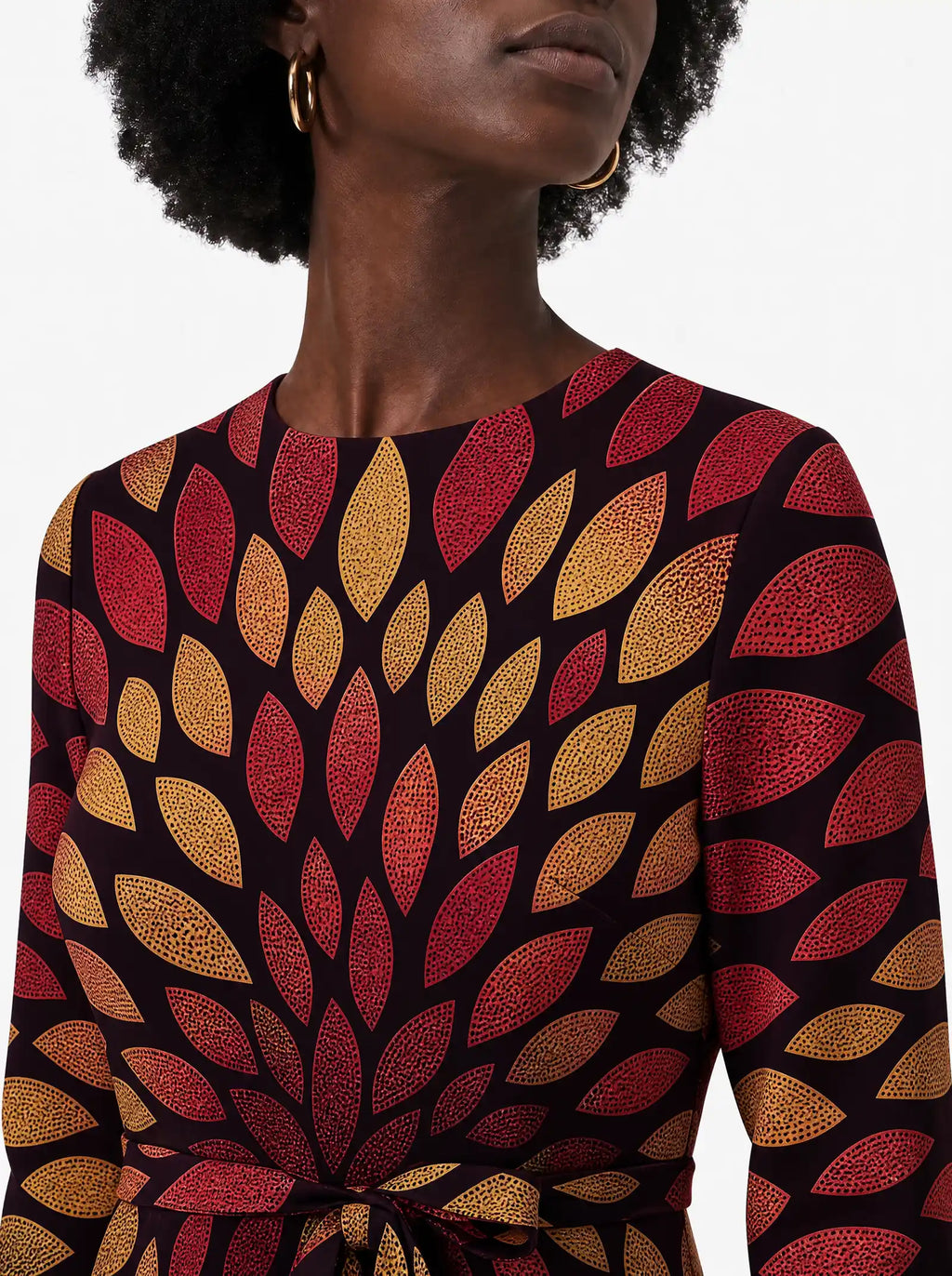 "Mavuno" Long Sleeve Midaxi Dress — close-up of the round neckline and long sleeve