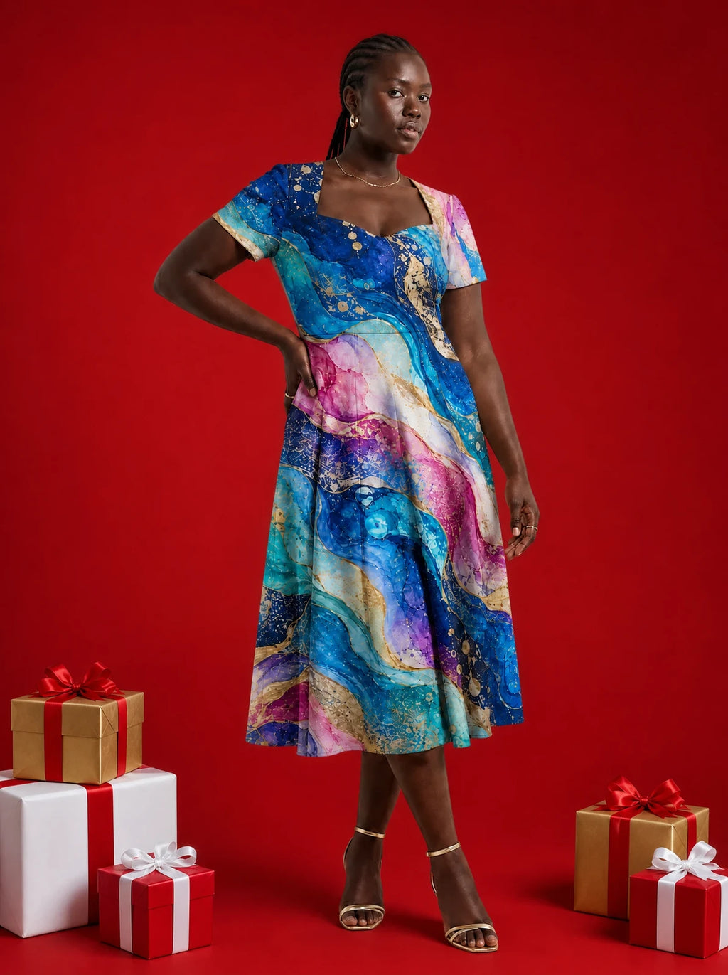 "Mawingu" Sweetheart Midi Dress — on model, Christmas backdrop