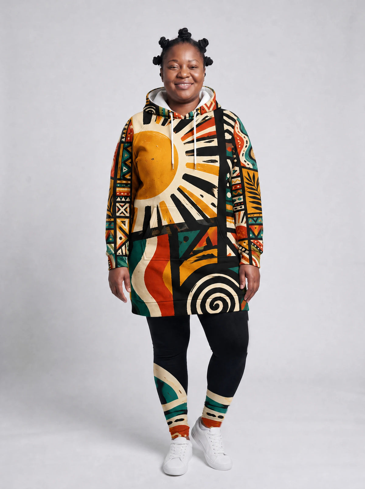 "Mawio" Hoodie Dress — front view on a plus-size model, styled with the matching leggings