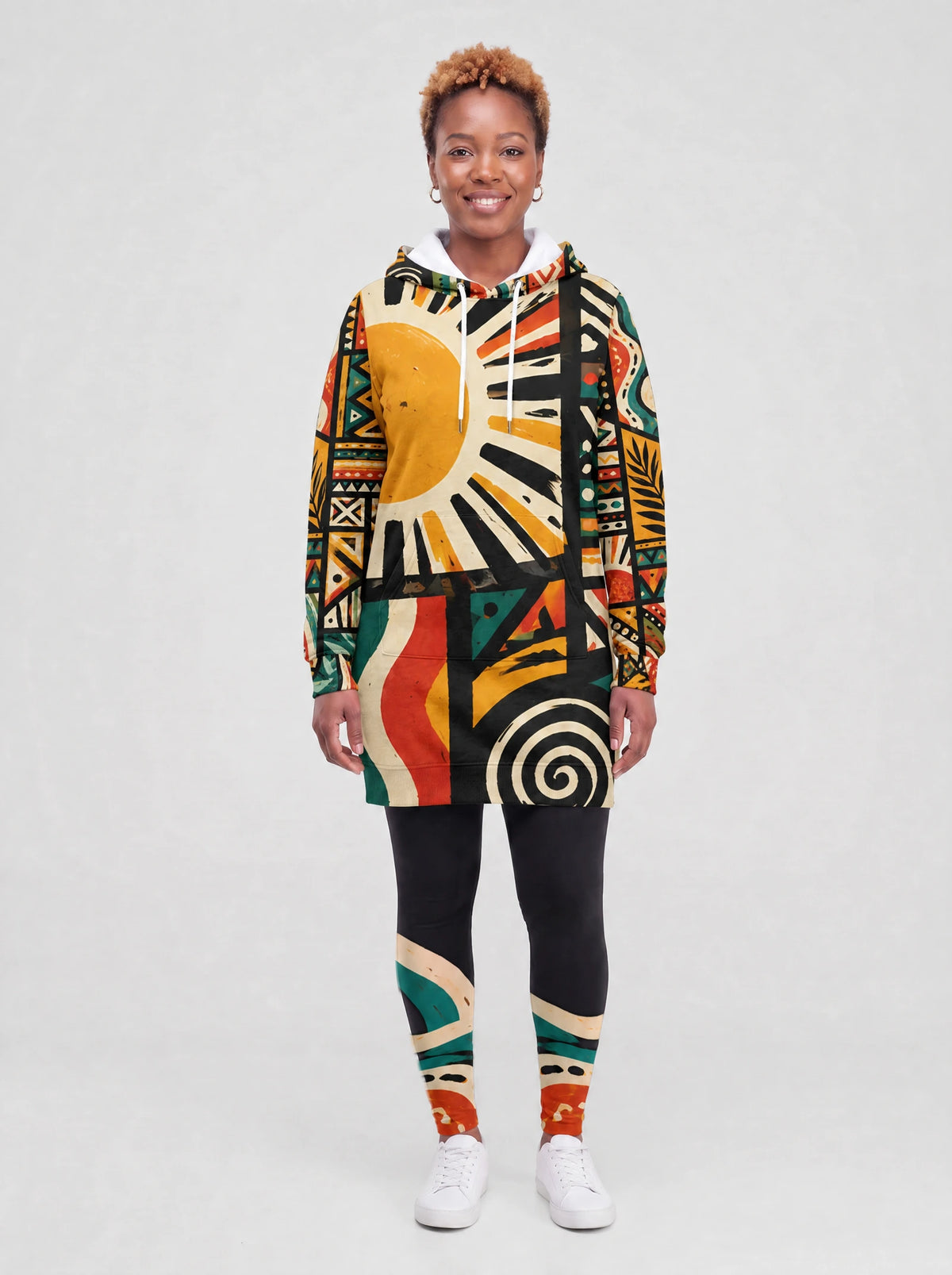 "Mawio" Hoodie Dress — front view on model, styled with the matching leggings
