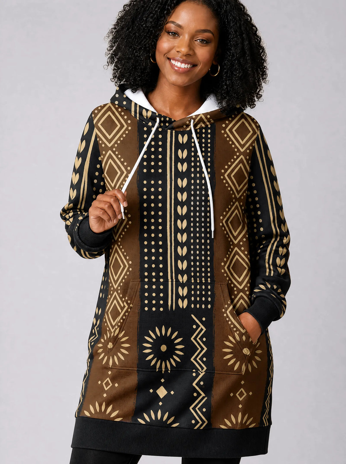 "Mbao" Hoodie Dress — close-up on model, styled with the matching leggings