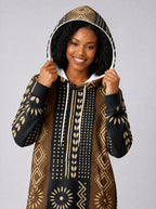 "Mbao" Hoodie Dress — close-up on model, hood up, styled with the matching leggings
