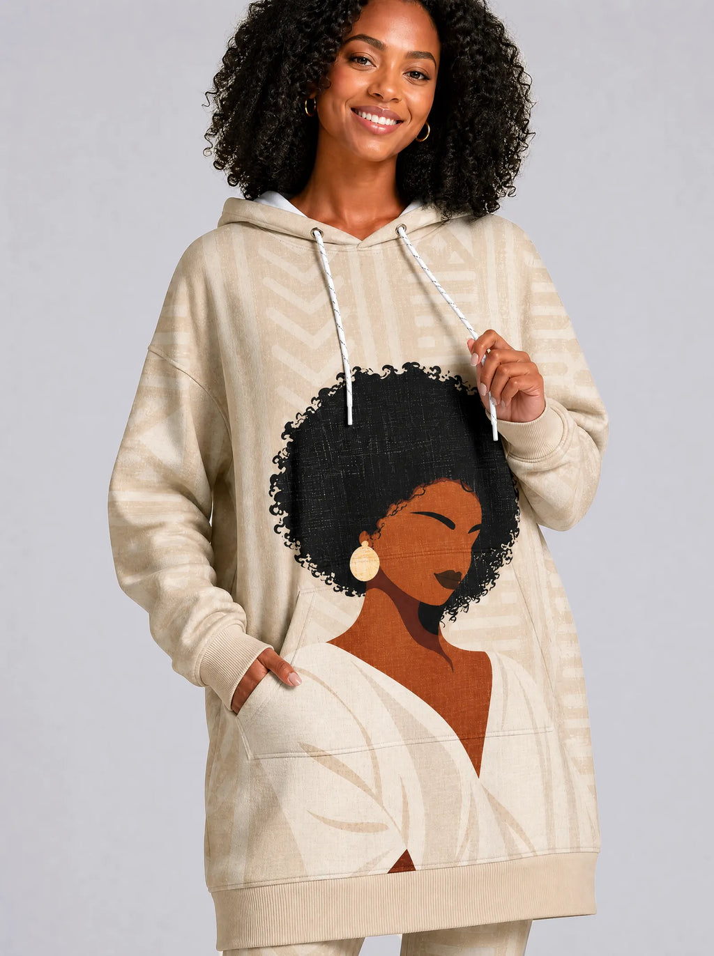 "Mchanga" Hoodie Dress — close-up on model, styled with the matching leggings