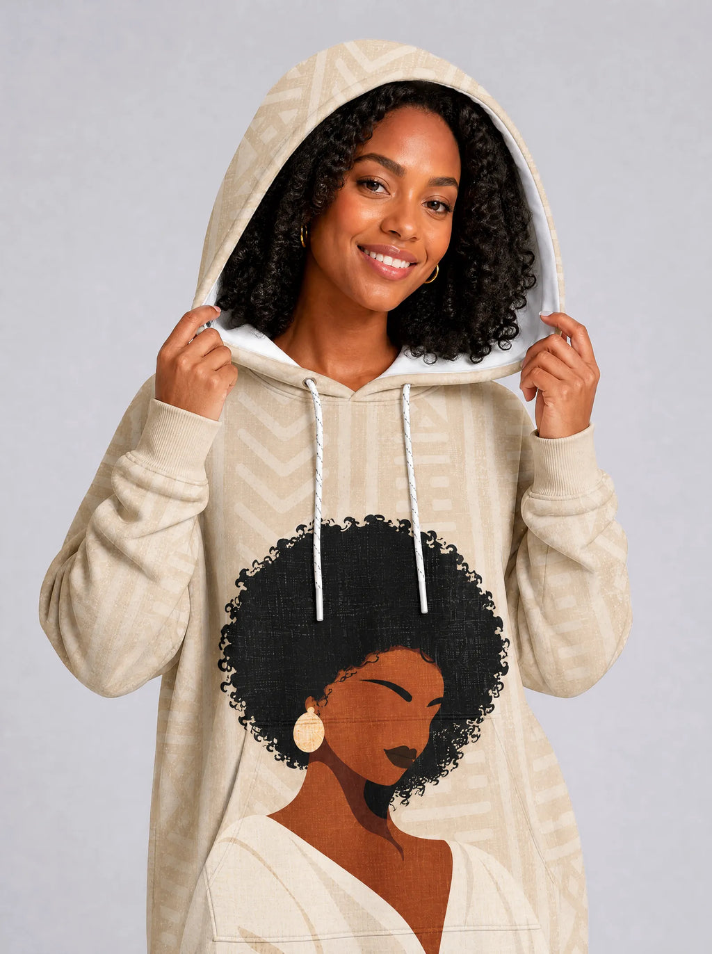 "Mchanga" Hoodie Dress — close-up on model, hood up, styled with the matching leggings