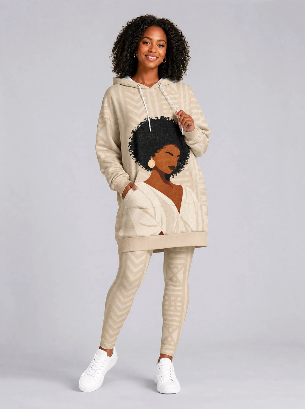 "Mchanga" Leggings — full length on model, styled with the matching hoodie dress