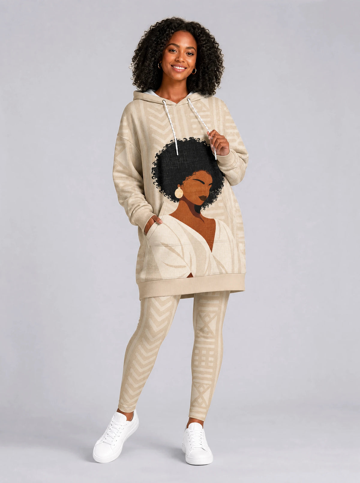 "Mchanga" Leggings — full length on model, styled with the matching hoodie dress