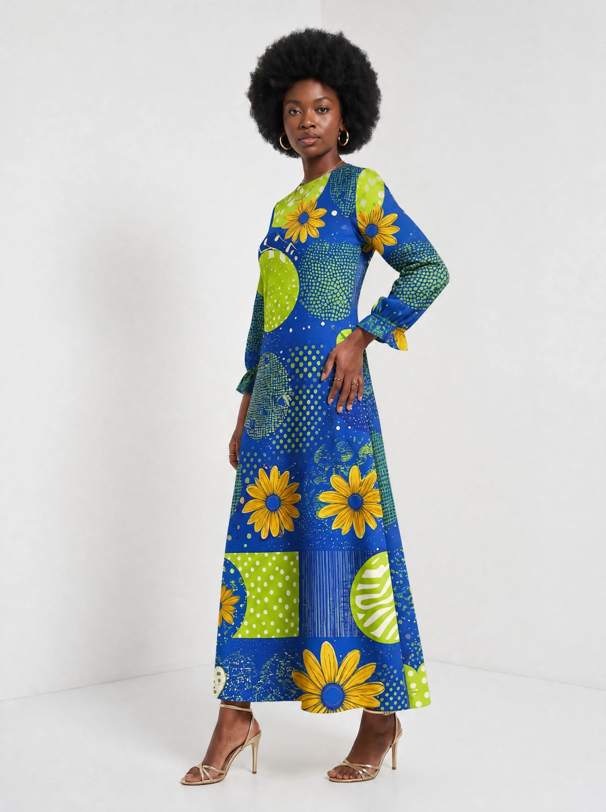 "Mchezo" Long Sleeve Maxi Dress — three-quarter view on model