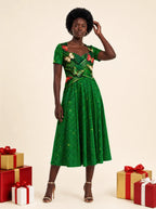 "Mchikichi" Sweetheart Midi Dress — on model, Christmas backdrop