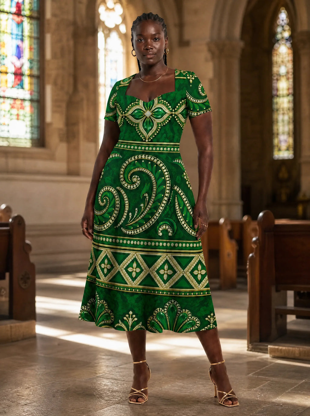 "Mchoro" Sweetheart Midi Dress — on model inside a church