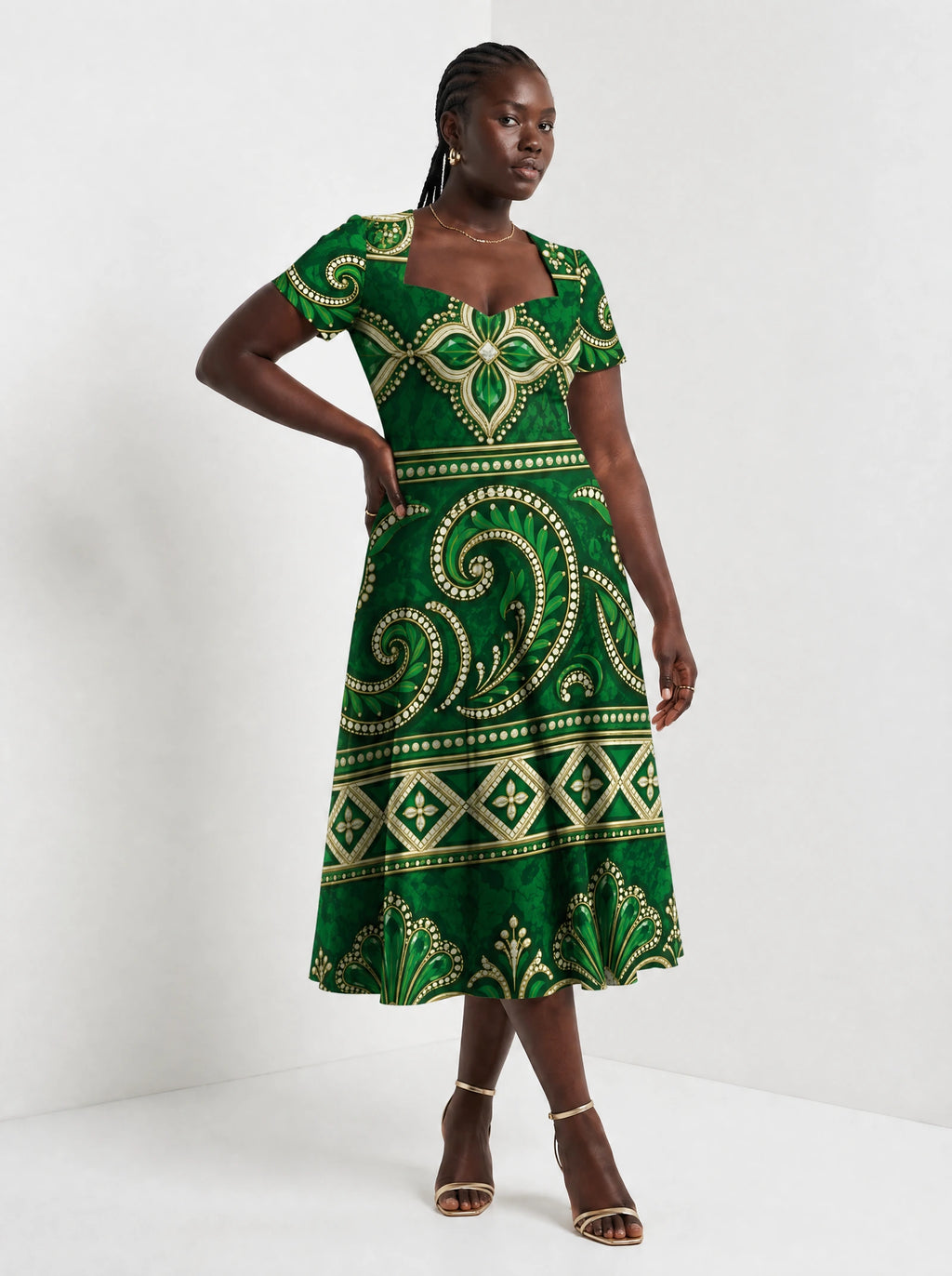 "Mchoro" Sweetheart Midi Dress — walking, three-quarter view on model