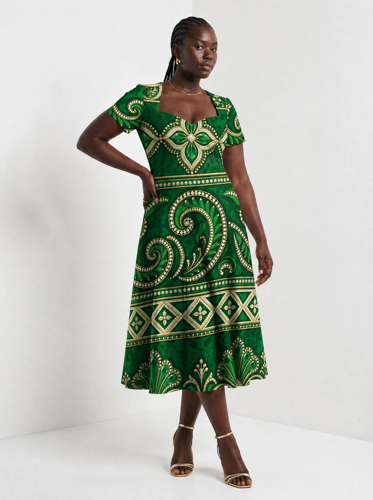 "Mchoro" Sweetheart Midi Dress — walking, three-quarter view on model