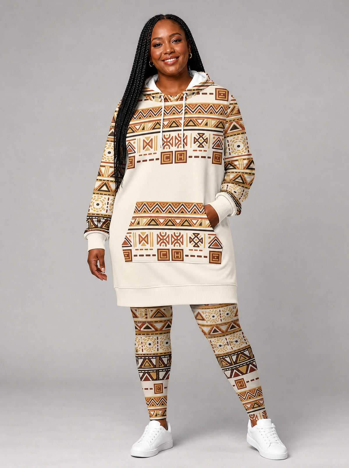 "Mdalasini" Hoodie Dress — front view on model, styled with the matching leggings