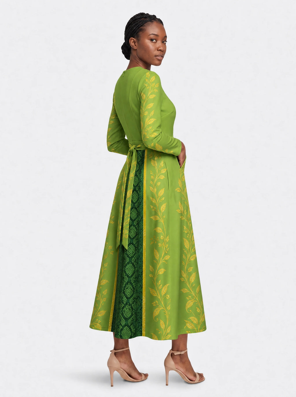 "Medusa" Long Sleeve Midaxi Dress — walking, three-quarter view on model