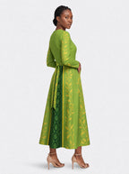 "Medusa" Long Sleeve Midaxi Dress — walking, three-quarter view on model
