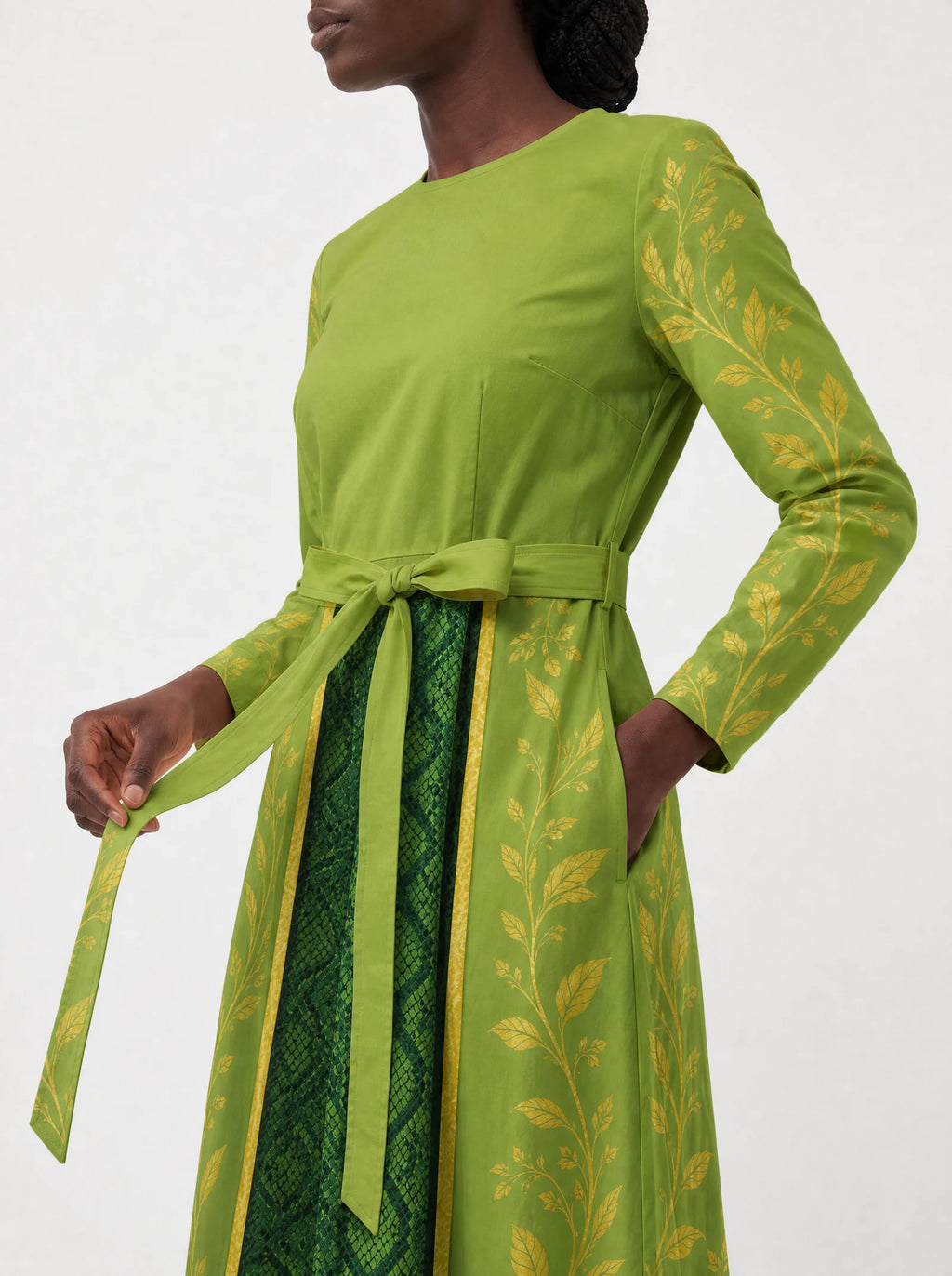 "Medusa" Long Sleeve Midaxi Dress — standing, angled view on model
