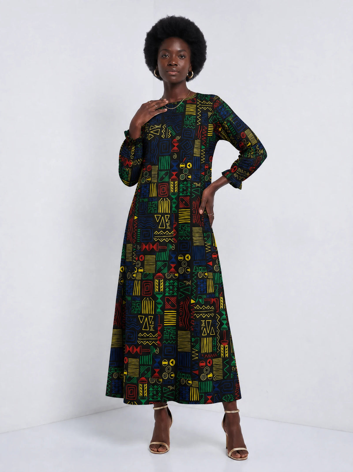 "Michoro" Long Sleeve Maxi Dress — front view on model