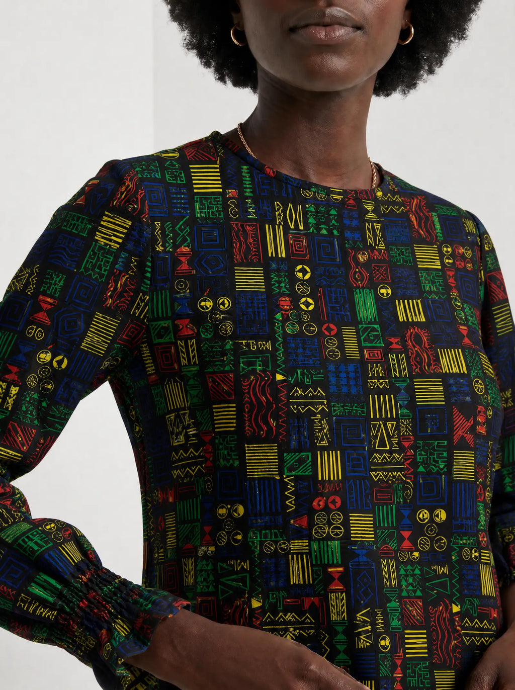 "Michoro" Long Sleeve Maxi Dress — close-up of the high round neckline