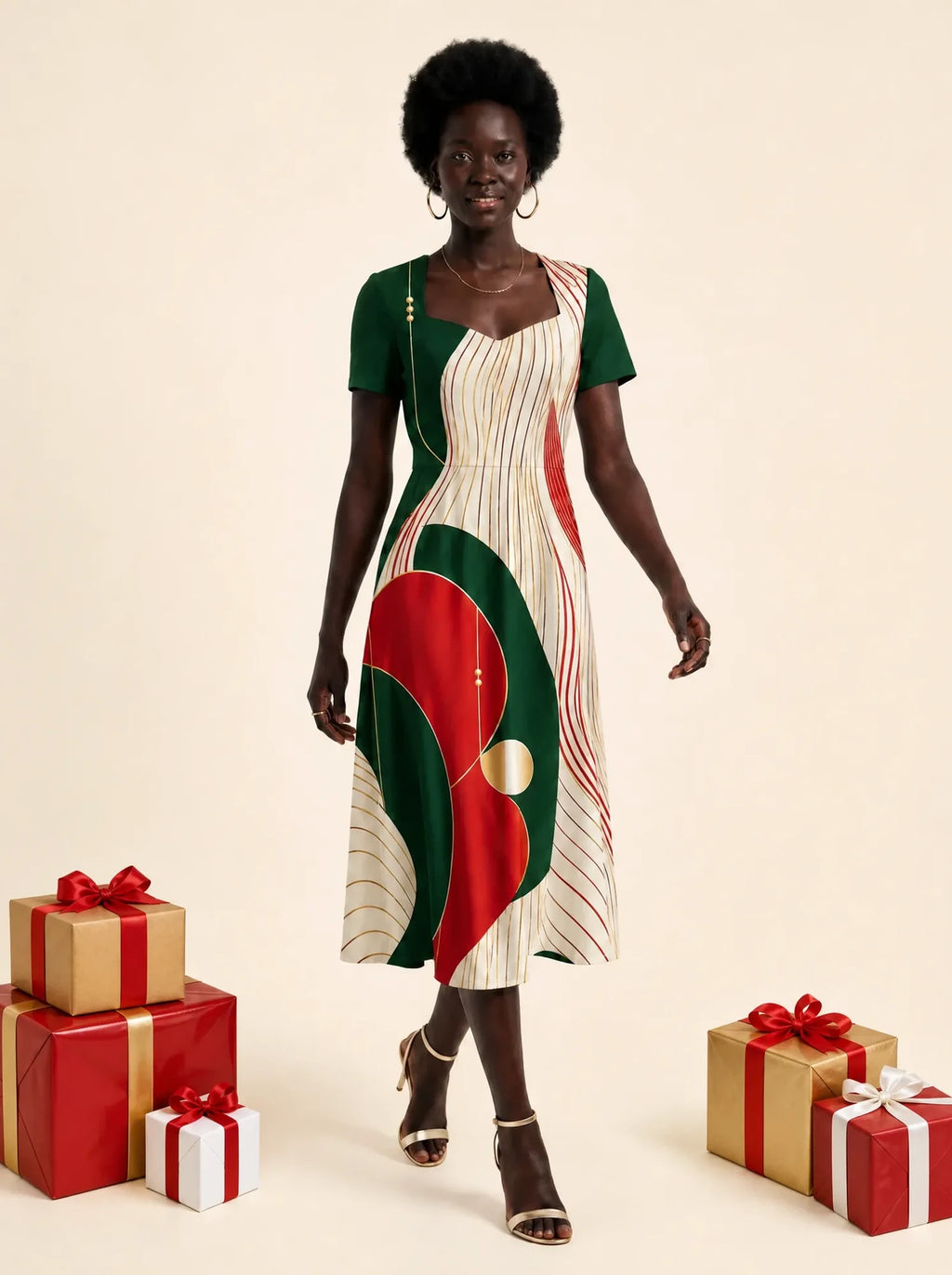 "Mikondo" Sweetheart Midi Dress — on model, Christmas backdrop