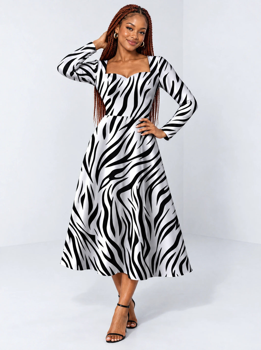 "Milia" Long Sleeve Sweetheart Midi Dress — front view on model