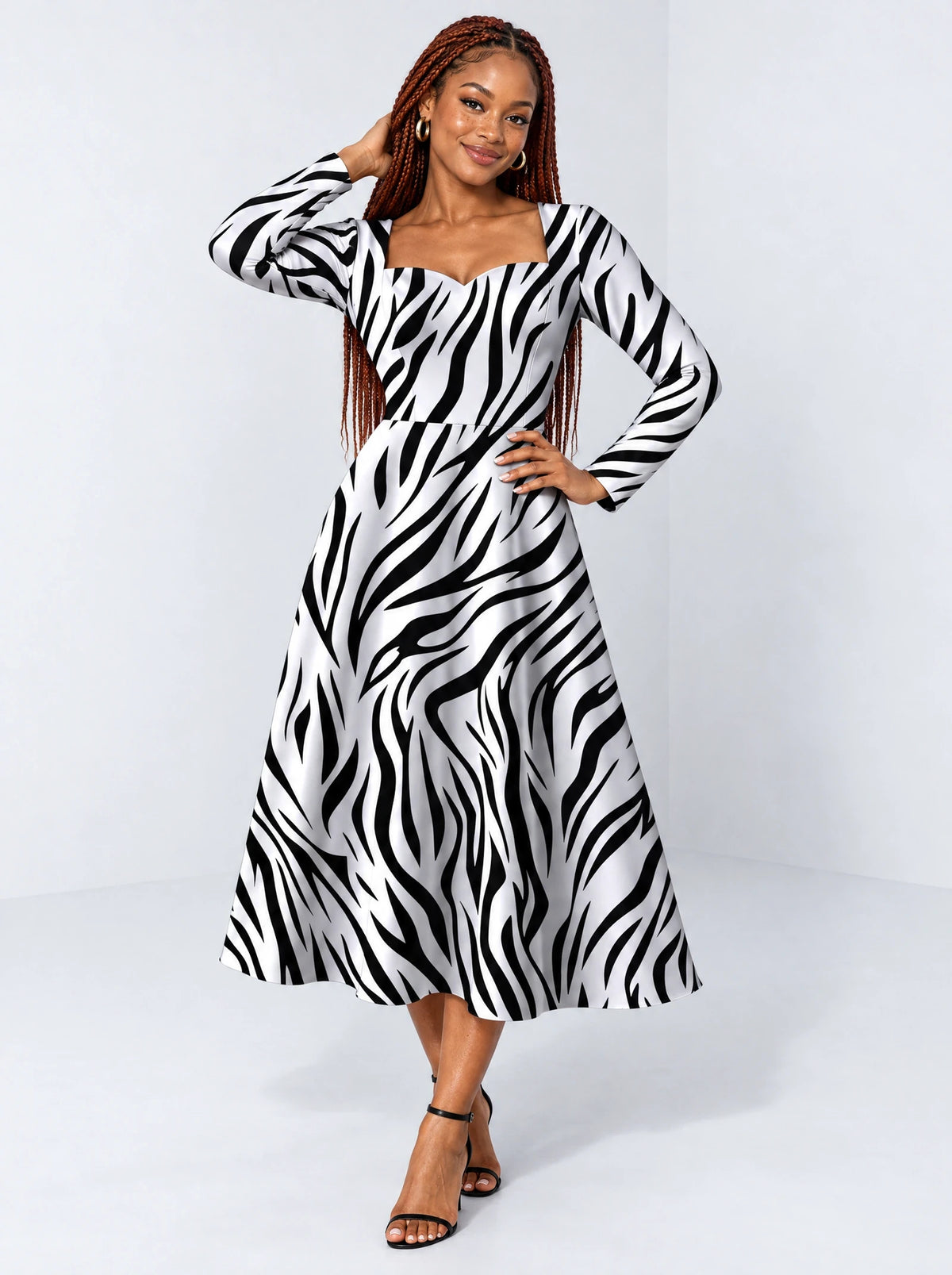 "Milia" Long Sleeve Sweetheart Midi Dress — front view on model