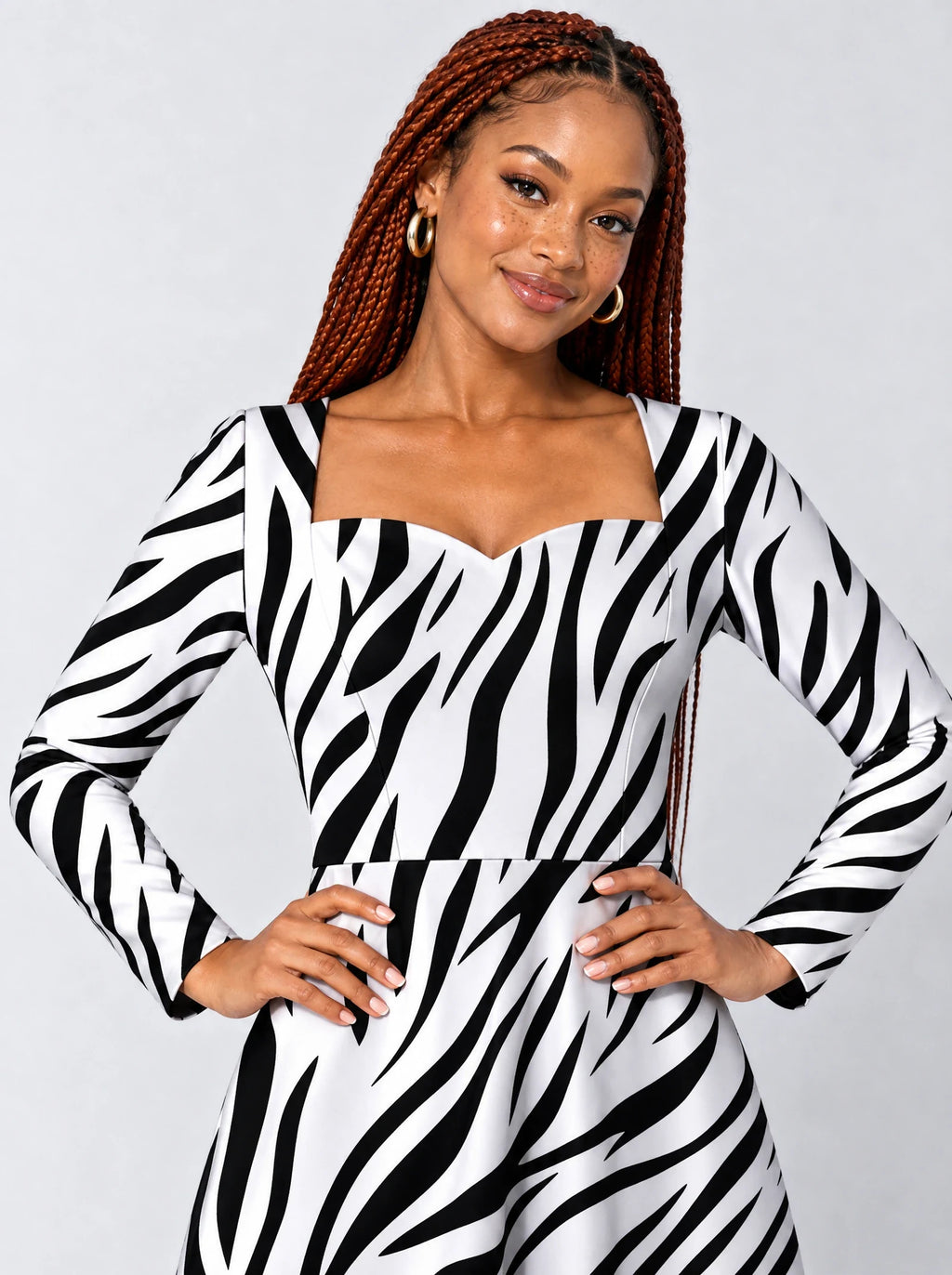 "Milia" Long Sleeve Sweetheart Midi Dress — print close-up on model