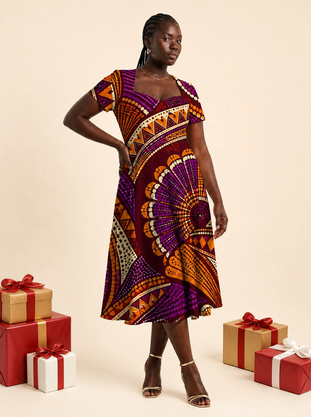"Mionzi" Sweetheart Midi Dress — on model, Christmas backdrop