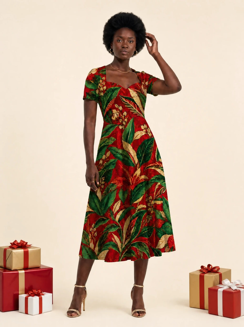 "Mitende" Sweetheart Midi Dress — on model, Christmas backdrop