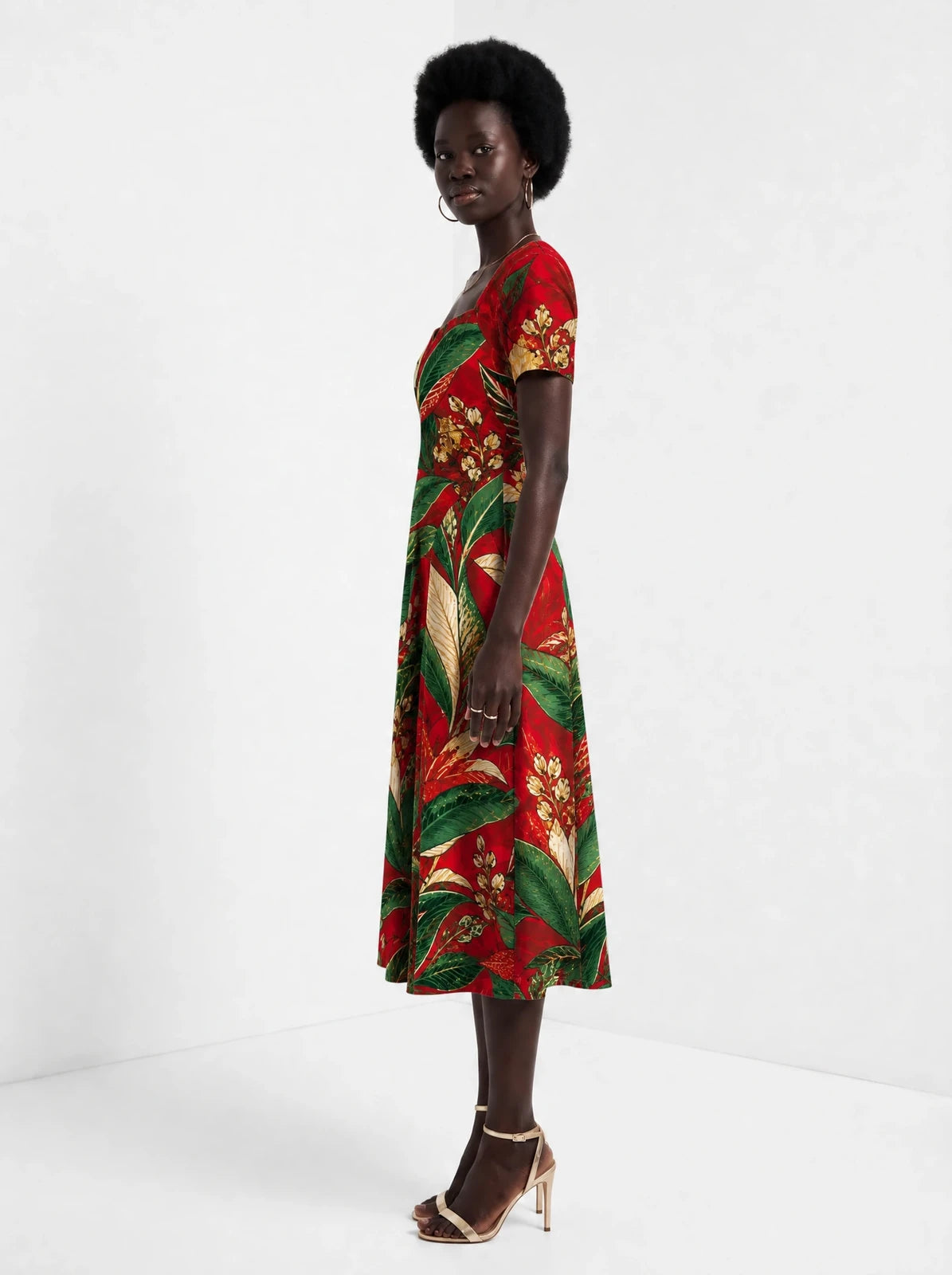 "Mitende" Sweetheart Midi Dress — side view on model