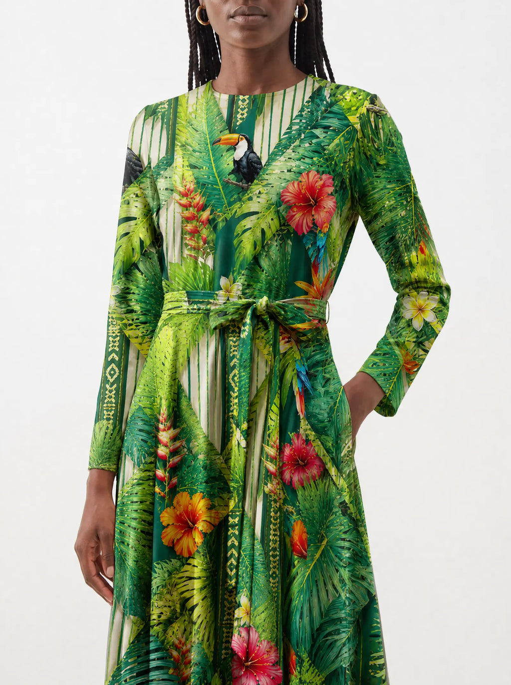"Msitu" Long Sleeve Midaxi Dress — close-up of the tie sash and the in-seam side pocket