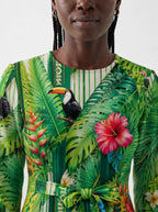 "Msitu" Long Sleeve Midaxi Dress — close-up of the round neckline and long sleeve