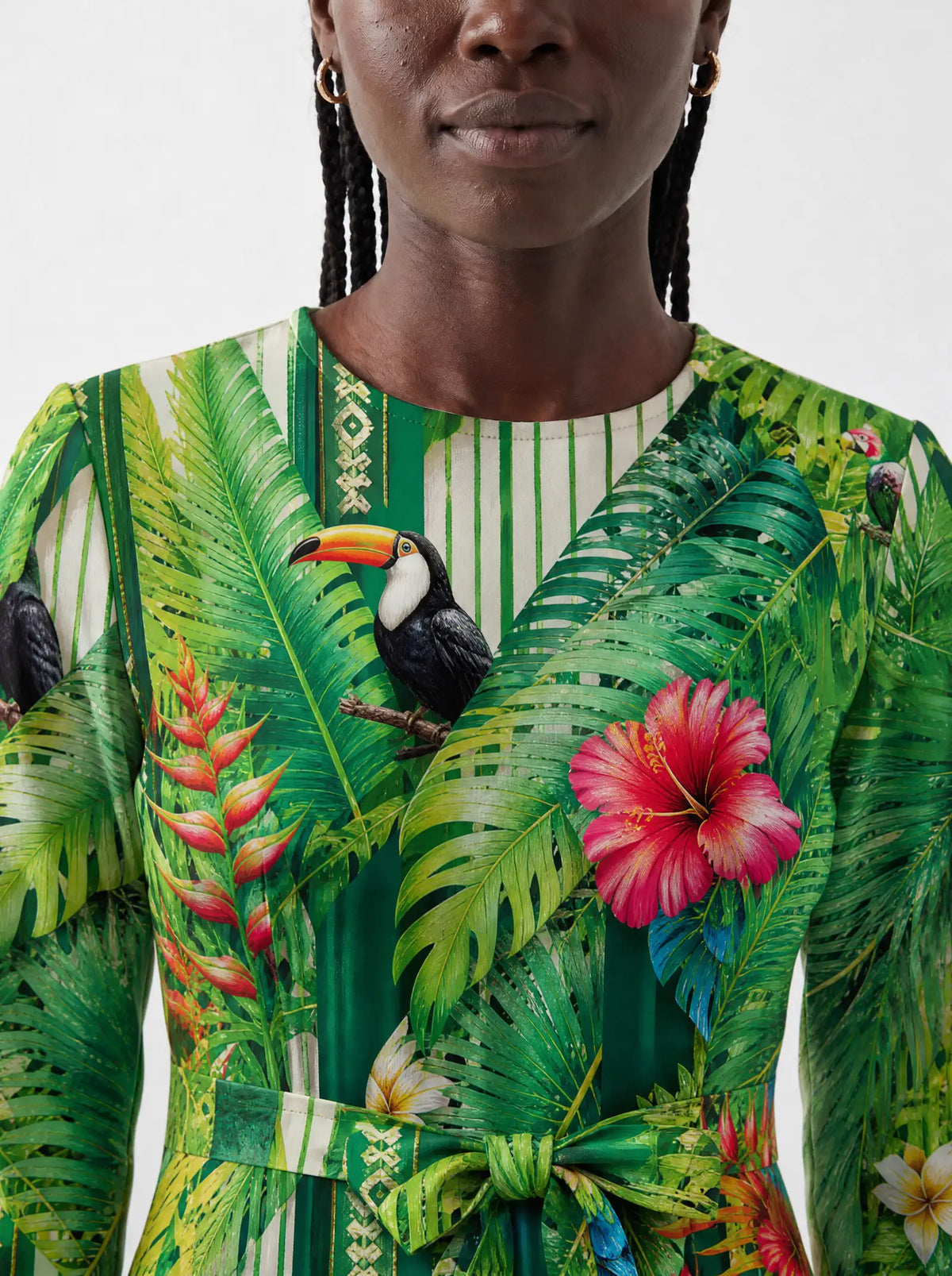 "Msitu" Long Sleeve Midaxi Dress — close-up of the round neckline and long sleeve