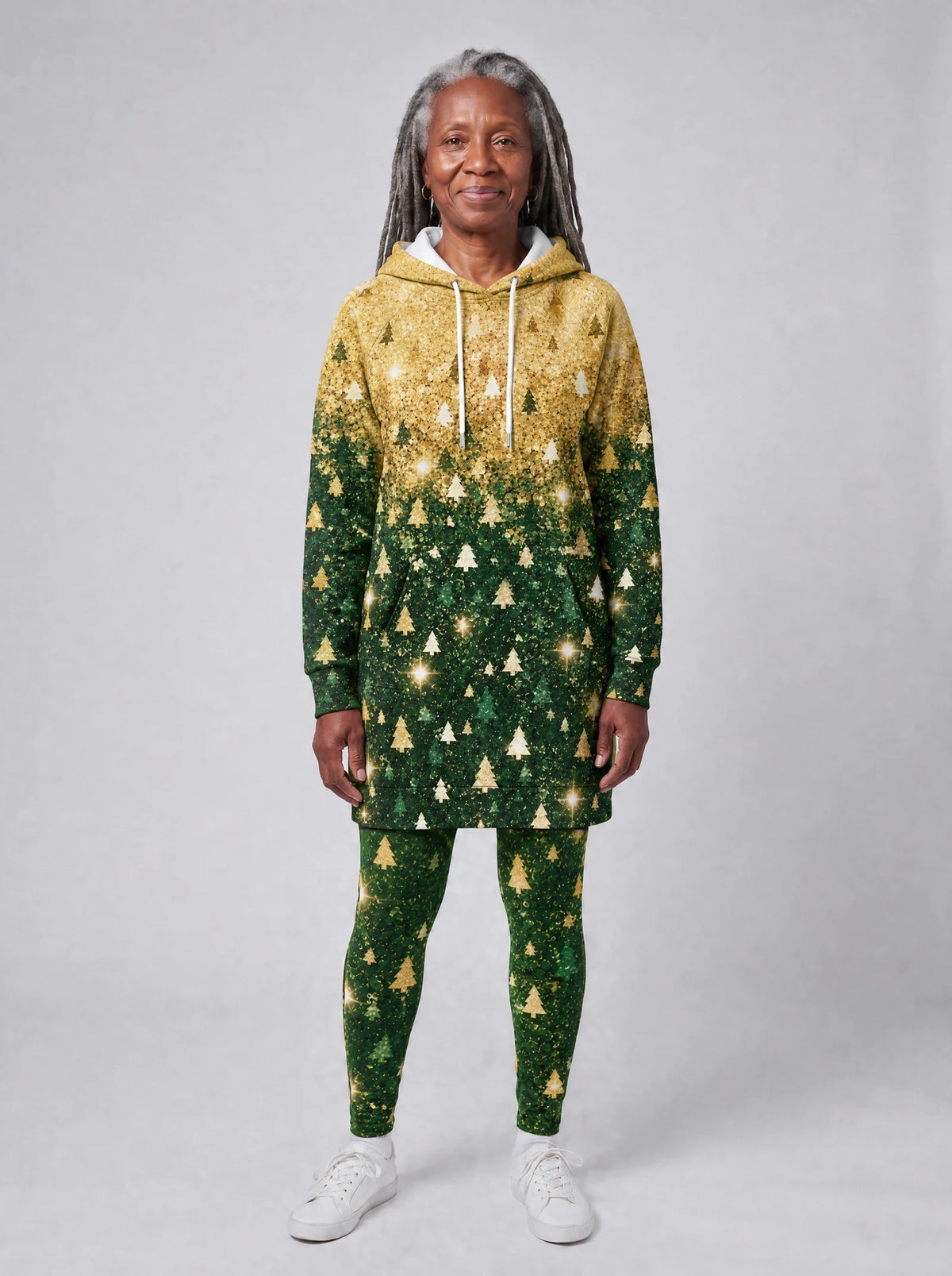 "Msonobari" Christmas Hoodie Dress — front view on model, styled with the matching leggings