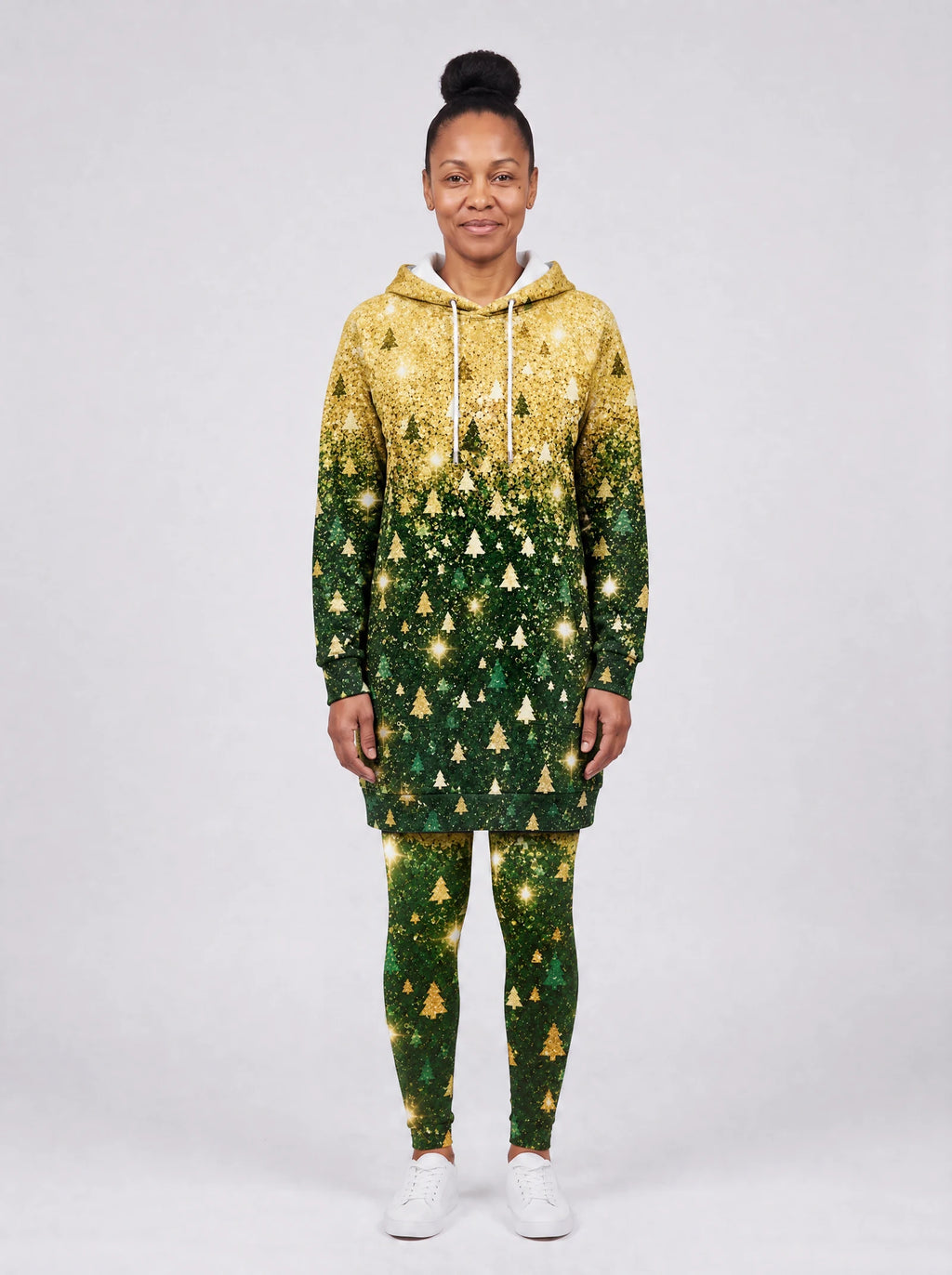 "Msonobari" Christmas Hoodie Dress — front view on model, styled with the matching leggings