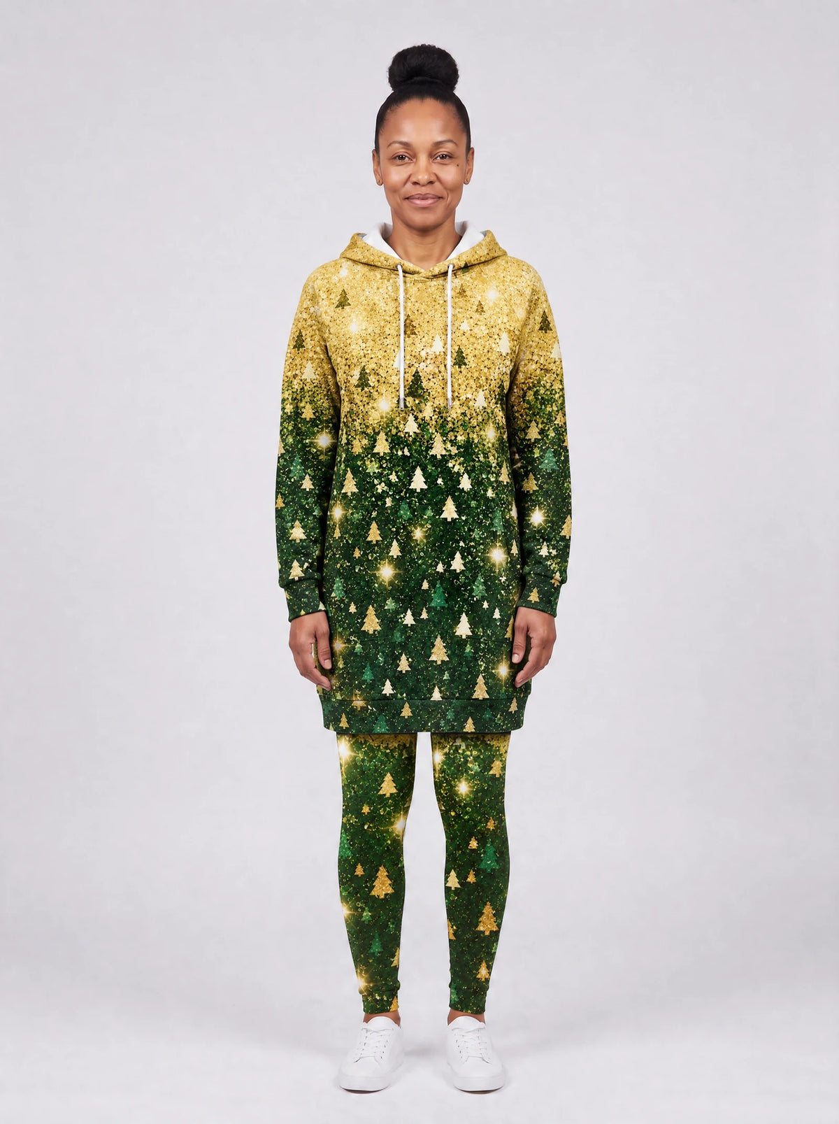 "Msonobari" Christmas Hoodie Dress — front view on model, styled with the matching leggings