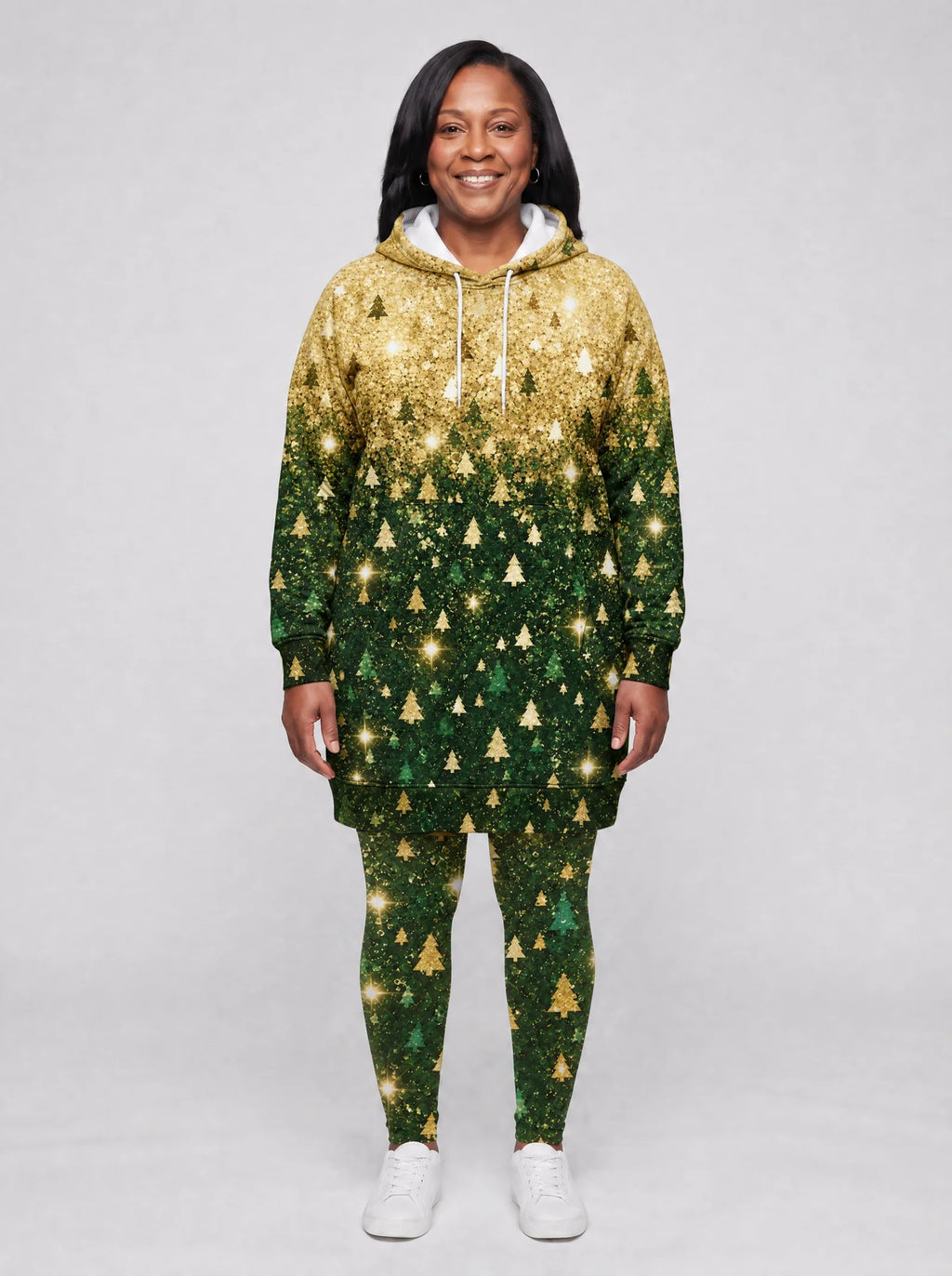"Msonobari" Christmas Hoodie Dress — front view on model, styled with the matching leggings