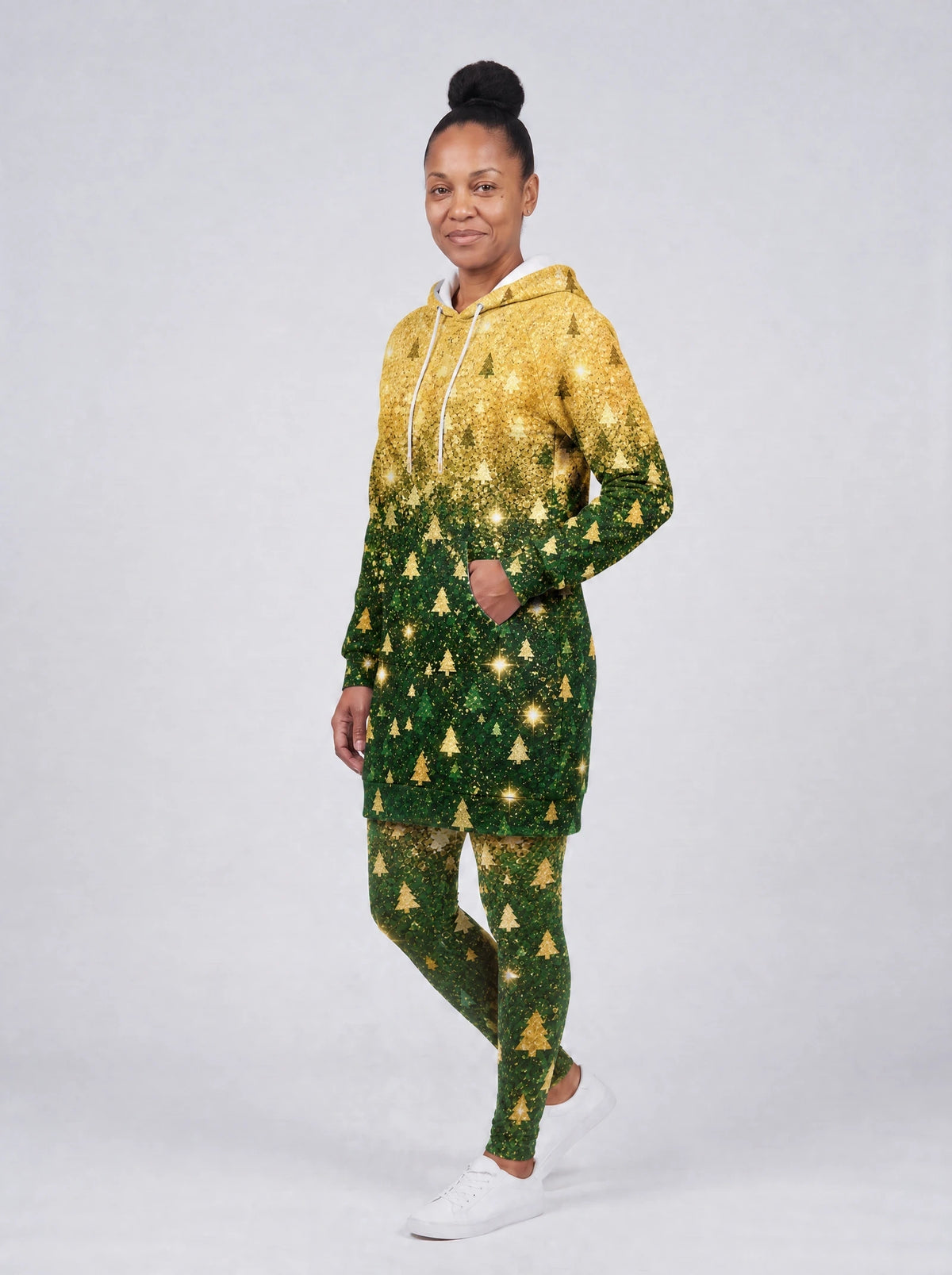 "Msonobari" Christmas Hoodie Dress — three-quarter view on model, styled with the matching leggings