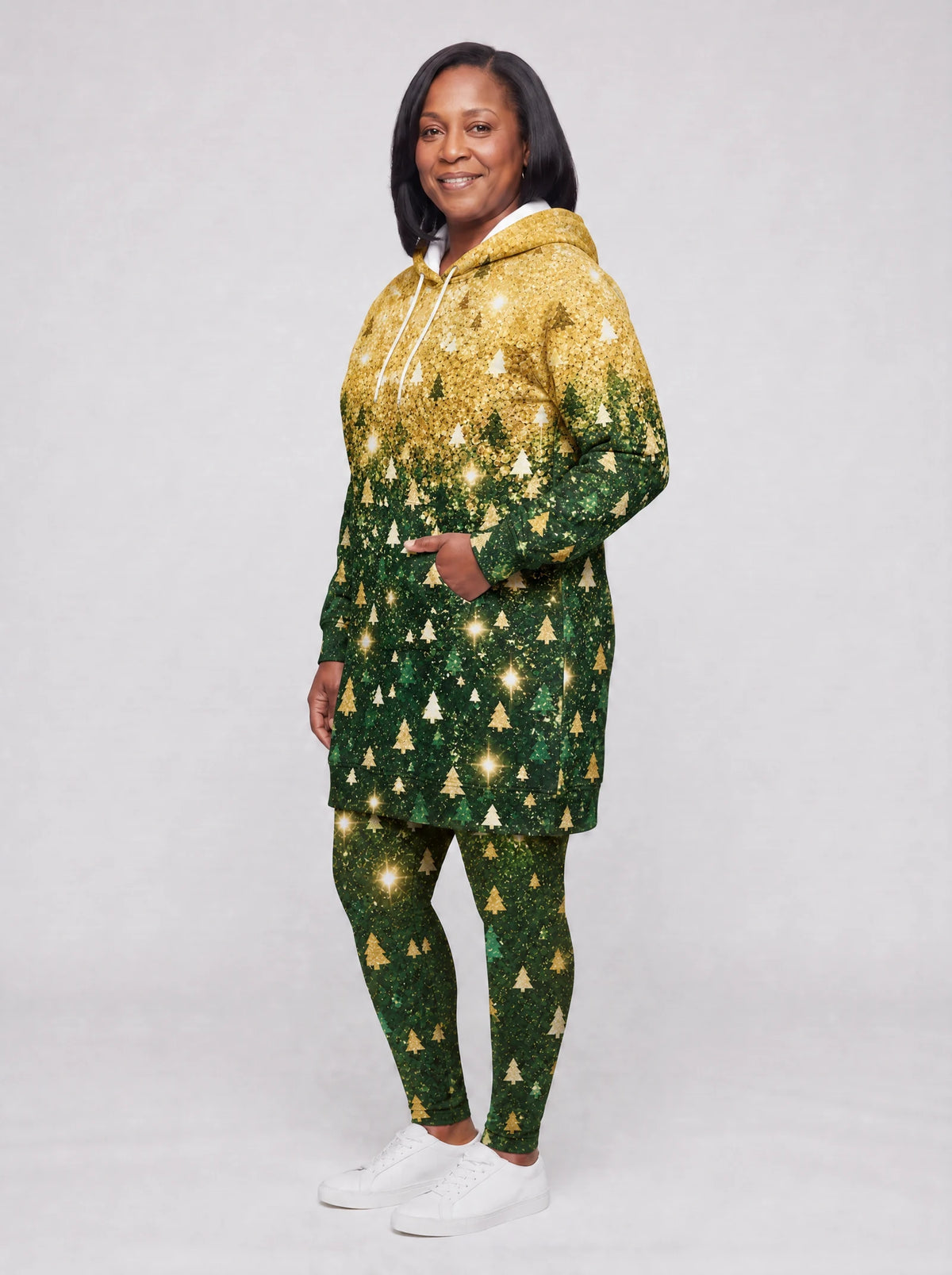 "Msonobari" Christmas Hoodie Dress — three-quarter view on model, styled with the matching leggings