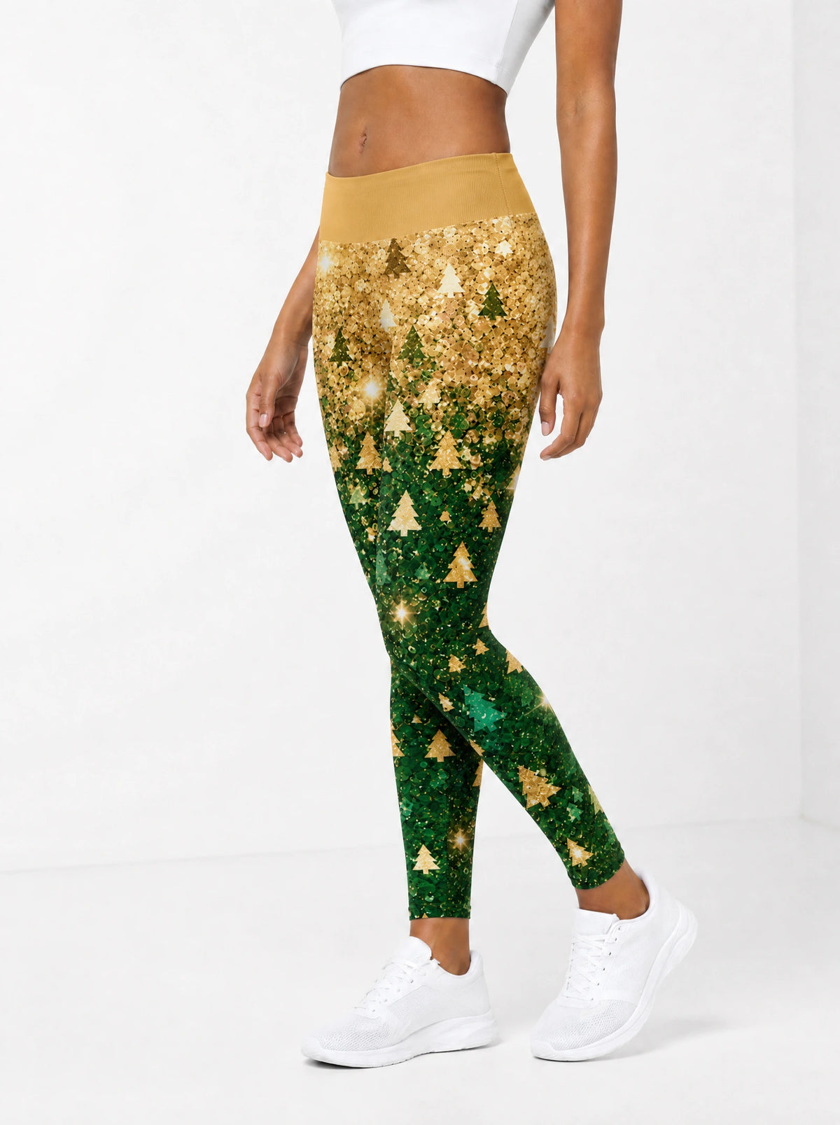 "Msonobari" Christmas Leggings — side view on model, walking
